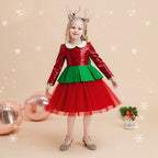 Red and green sequin girls christmas dress with Peter Pan collar, long sleeves, green peplum and back bow, designed for holiday parties, view 7