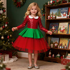 Red and green sequin girls christmas dress with Peter Pan collar, long sleeves, green peplum and back bow, designed for holiday parties, view 8