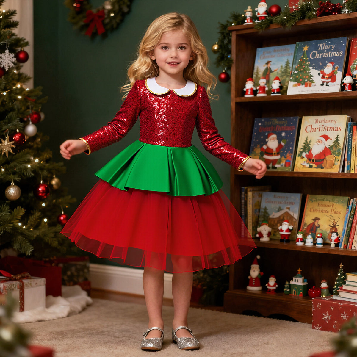 Red and green sequin girls christmas dress with Peter Pan collar, long sleeves, green peplum and back bow, designed for holiday parties, view 8