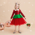 Red and green sequin girls christmas dress with Peter Pan collar, long sleeves, green peplum and back bow, designed for holiday parties.