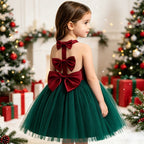 Girl in the red and green tulle Christmas dress beside a decorated tree, back view, for family photos.