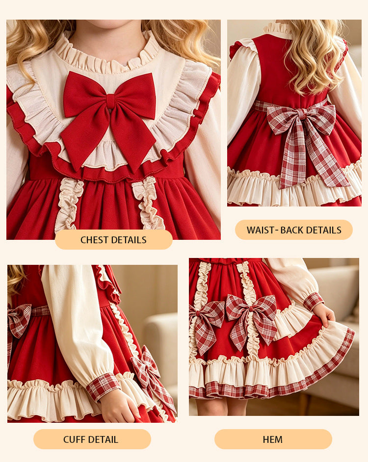 Red and ivory girls dress details: chest bow, back bow, ruffle cuffs and plaid-trimmed hem, designed for Christmas.