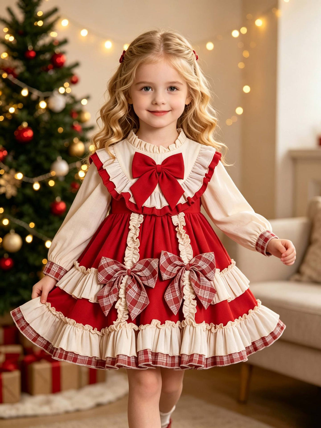 Red and ivory girls dress with a ruffle collar, long puff sleeves and plaid-trimmed ruffle skirt, designed for holiday photos.