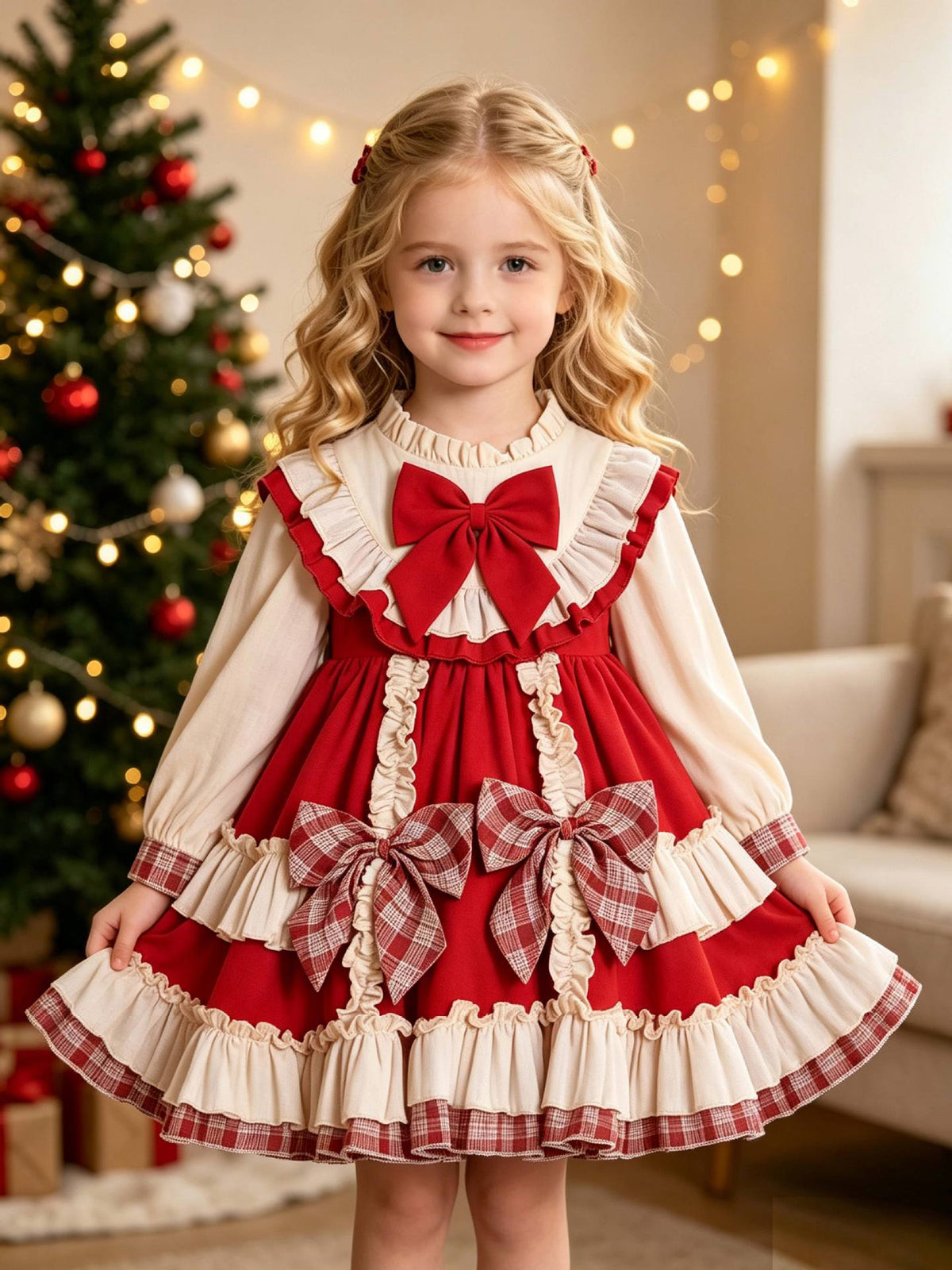 Red and ivory girls Christmas dress with a red chest bow and two plaid bows on the skirt, designed for Christmas parties.