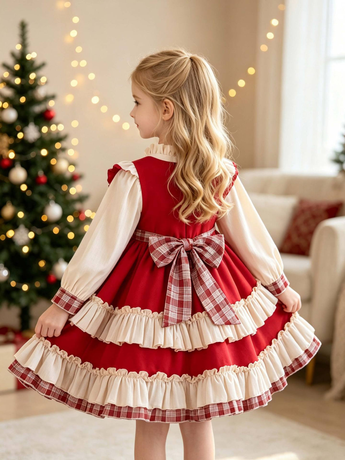 Red and ivory girls dress with a large plaid bow at the back waist, designed for Christmas celebrations.