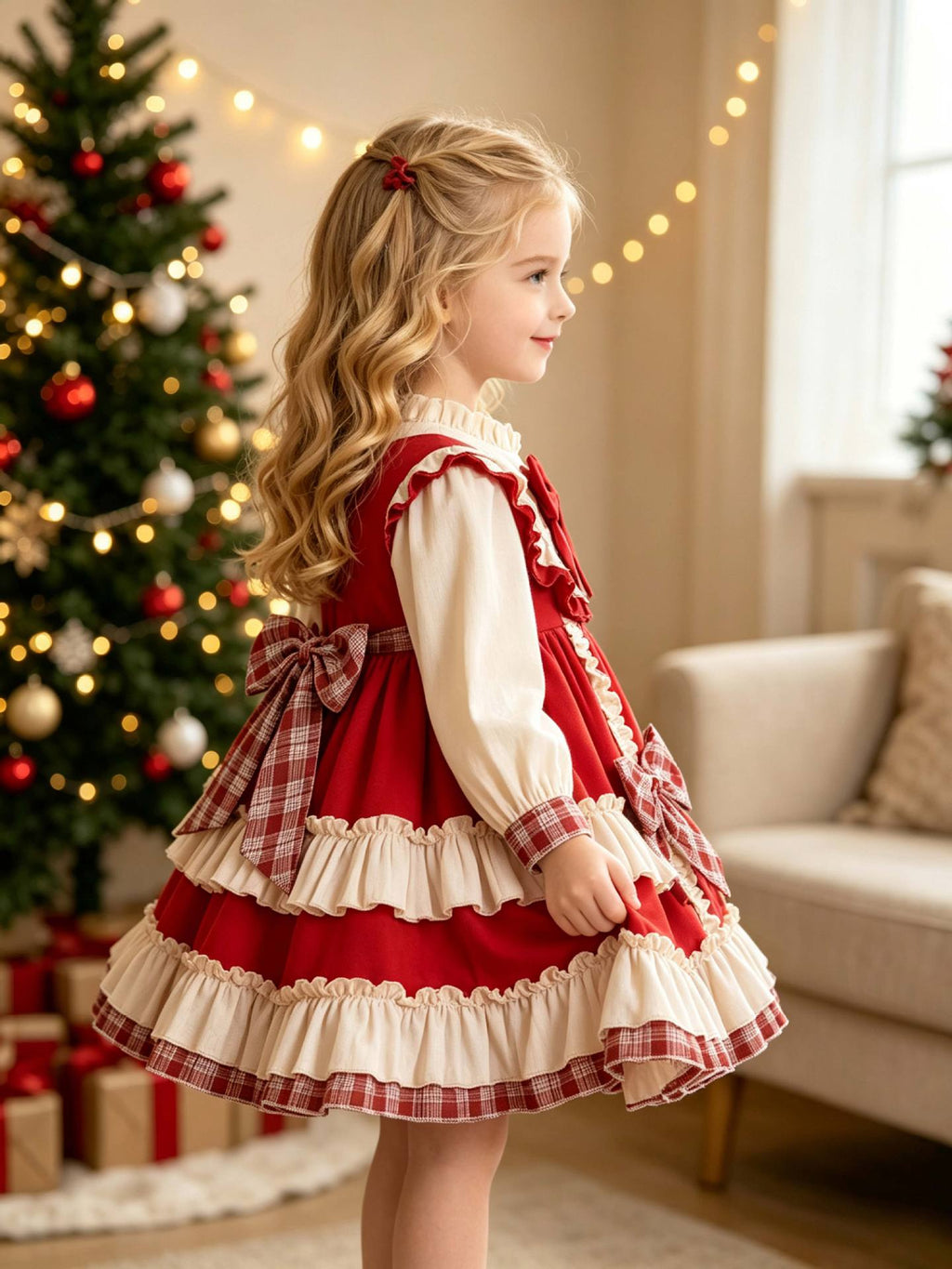 Red and ivory girls dress with long ivory puff sleeves and tiered ruffle skirt, designed for holiday parties.