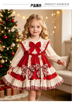 Red and ivory girls dress with plaid bow at the back waist and ruffle hem, designed for holiday events.