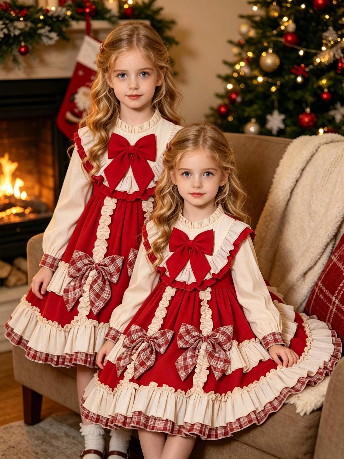 Red and ivory girls Christmas dress with a big red chest bow, plaid skirt bows and tiered ruffles, designed for Christmas parties.