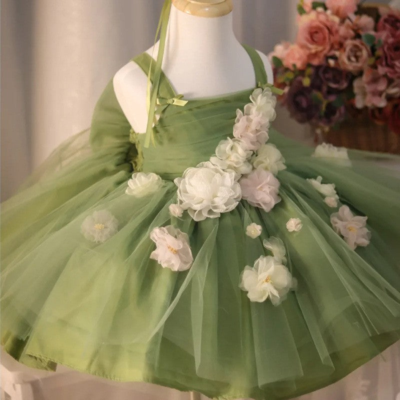 Sage green floral tulle princess dresses for girls, three-quarter front view with the shirred square-neck bodice.