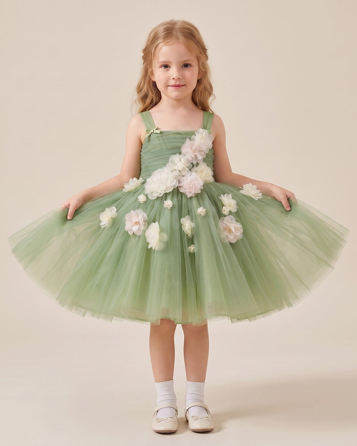 Sage green floral tulle princess dress for girls with 3D flowers, front view