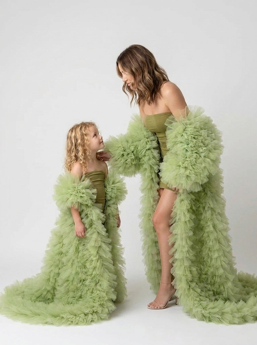 Sage Green Ruffled Tulle Mommy and Daughter Matching Dresses