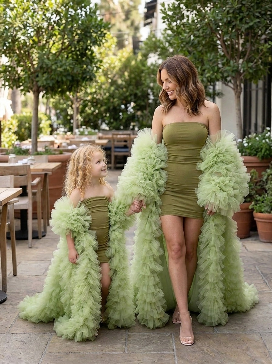 Sage Green Ruffled Tulle Mommy and Daughter Matching Dresses