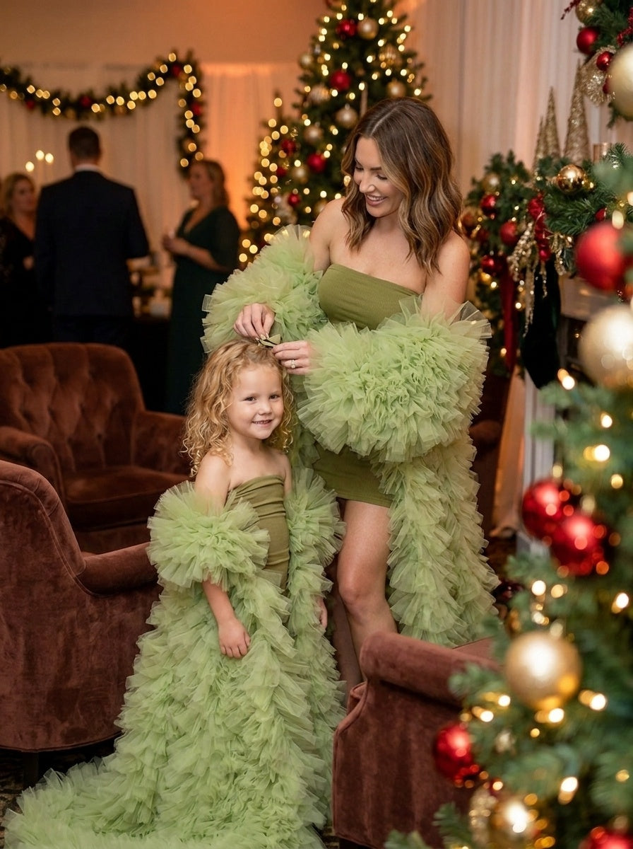 Sage Green Ruffled Tulle Mommy and Daughter Matching Dresses