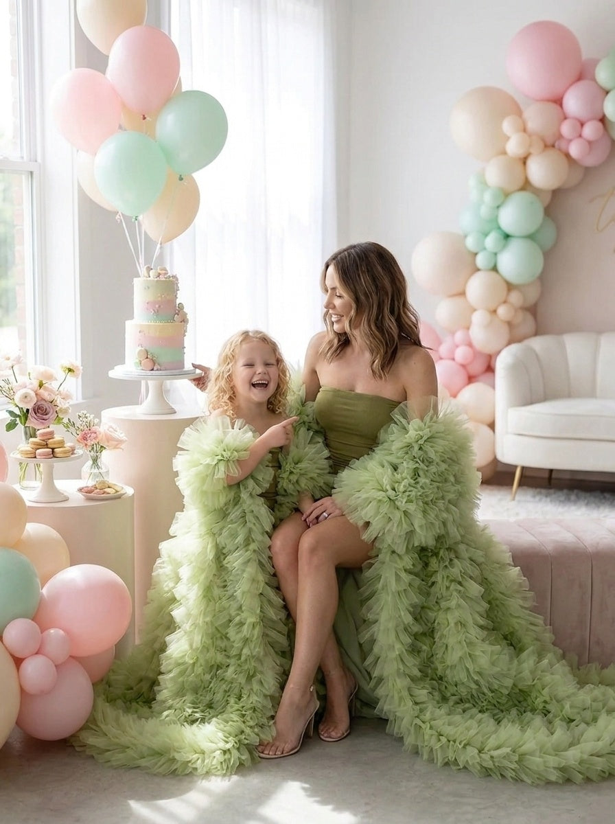 Sage Green Ruffled Tulle Mommy and Daughter Matching Dresses