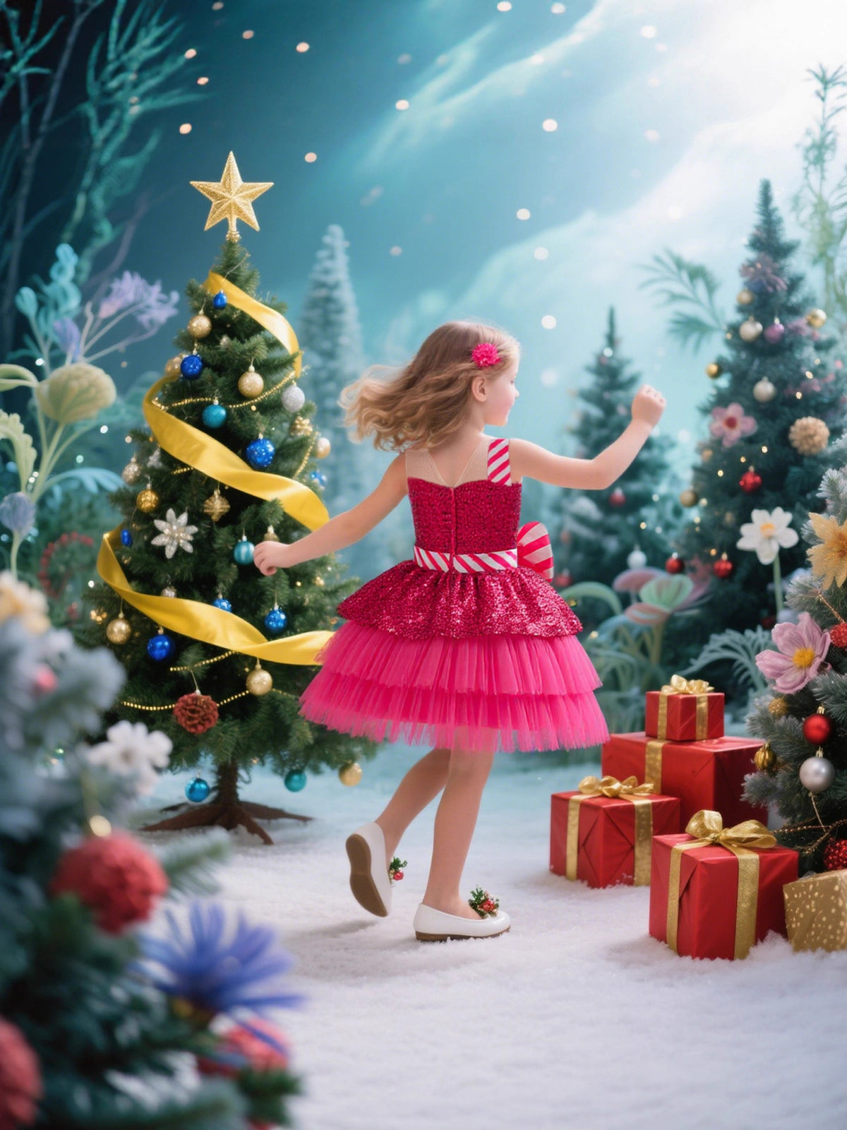 Back view of the hot pink sequin girls tutu dress with a tiered tulle skirt, designed for Christmas parties.