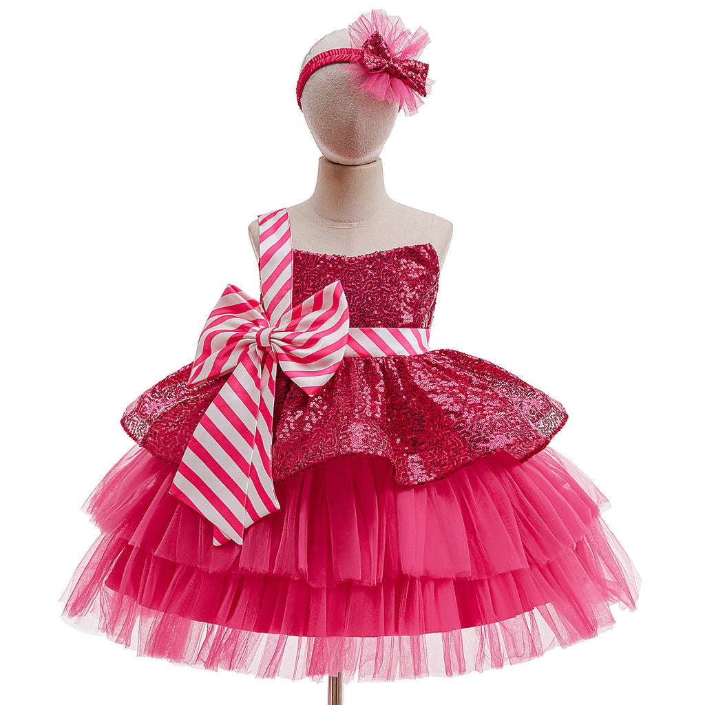 Hot pink sequin girls tutu dress with a candy-stripe bow and tiered tulle skirt, designed for Christmas parties.