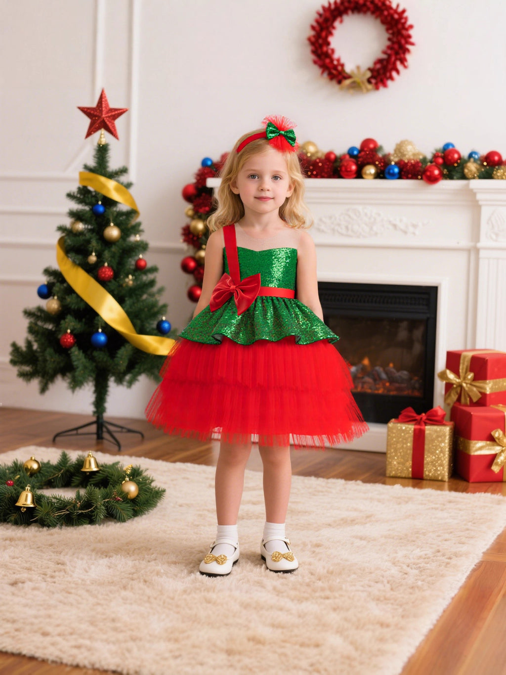 Green and red sequin and tulle girls tutu dress with a red satin bow and one-shoulder strap, designed for Christmas parties.