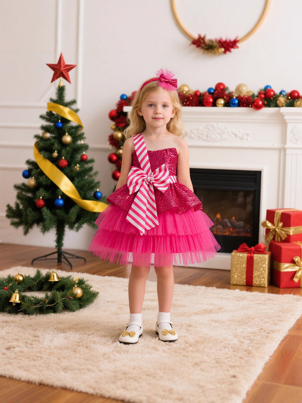 Hot pink sequin and tulle girls tutu dress with a candy-stripe bow and one-shoulder strap, designed for Christmas parties.