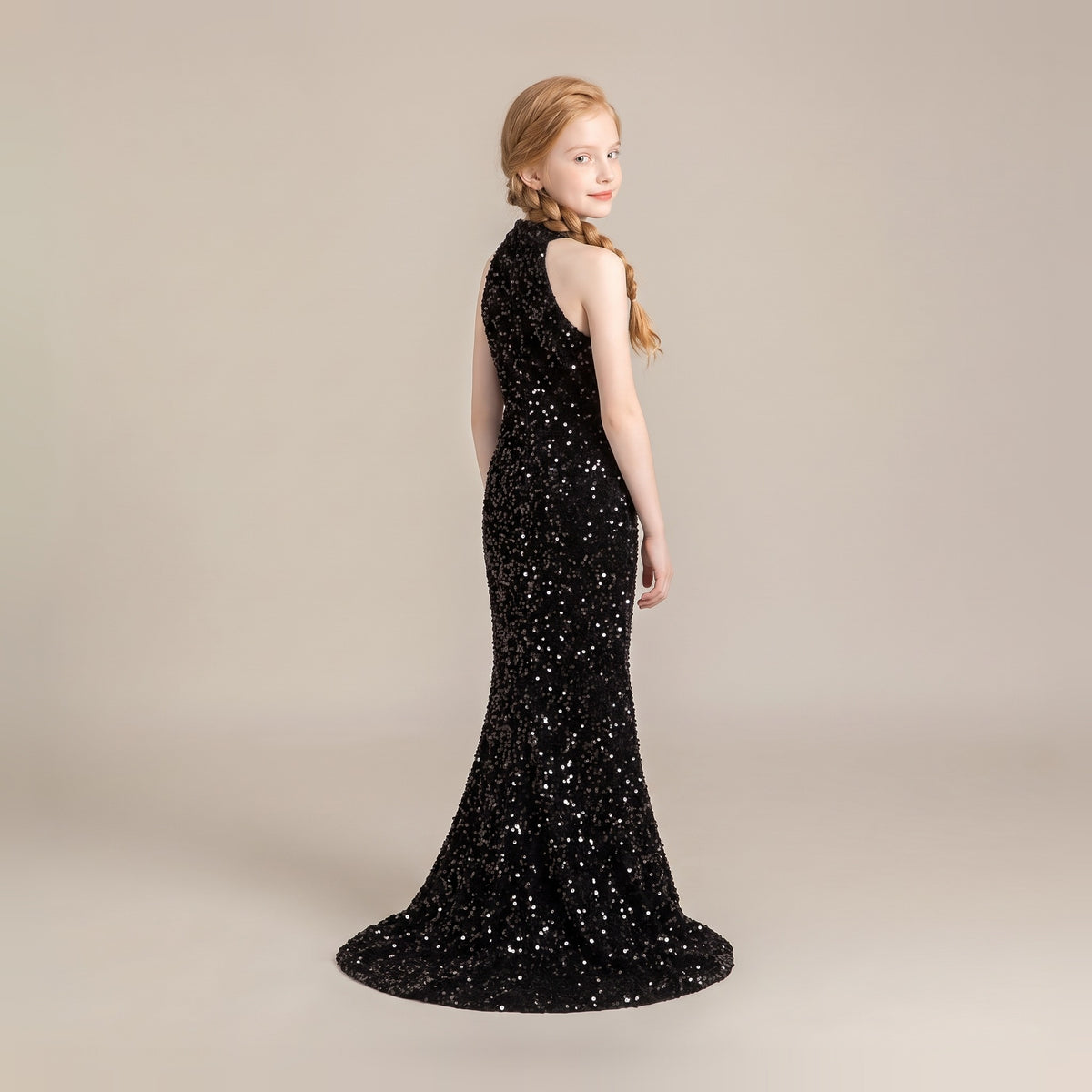Sequin Halter Mermaid Gown in Black – back view