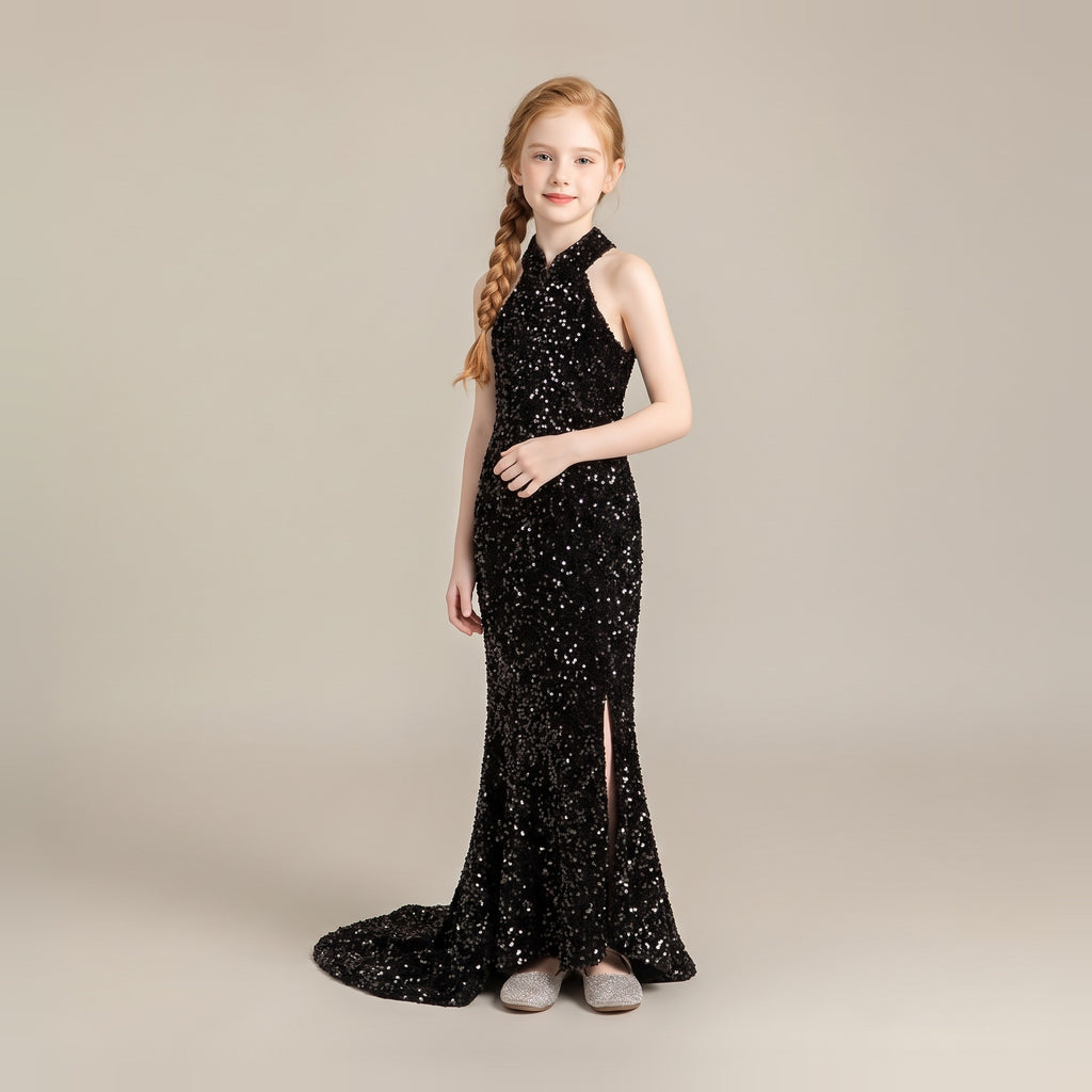 Sequin Halter Mermaid Gown in Black – front view