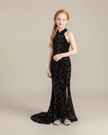 Sequin Halter Mermaid Gown in Black – front view