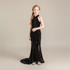 Sequin Halter Mermaid Gown in Black – front view