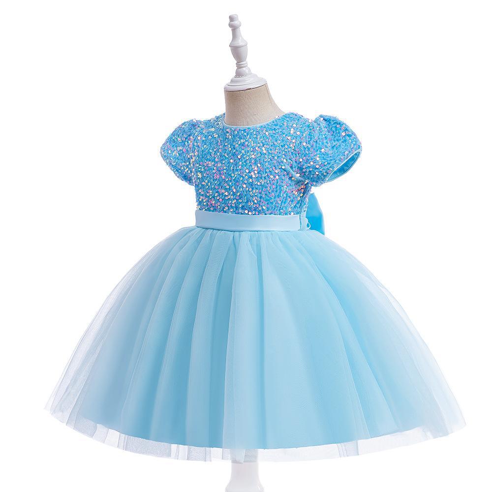 Sky Blue sequin girls party dress with tulle skirt and satin waistband, designed for birthdays and holidays.
