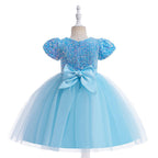 Sky Blue sequin girls party dress with tulle skirt and satin waistband, designed for birthdays and holidays, view 2