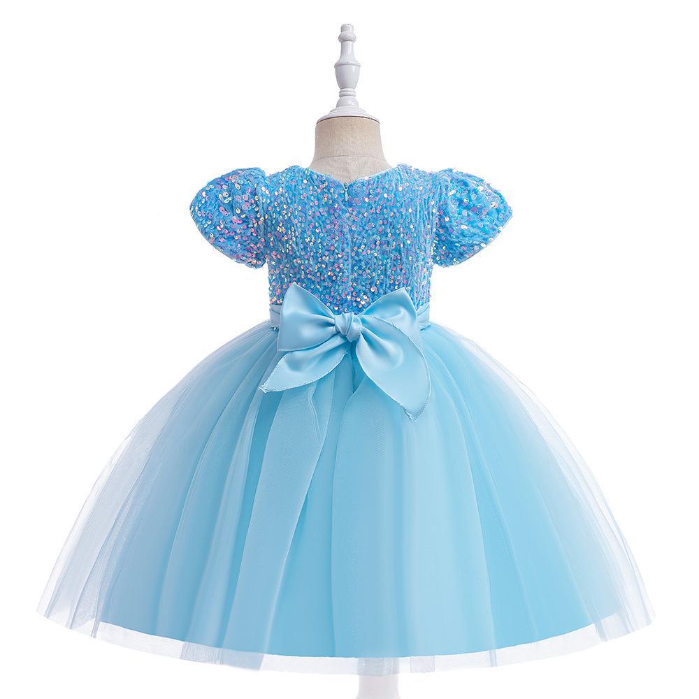 Sky Blue sequin girls party dress with tulle skirt and satin waistband, designed for birthdays and holidays, view 2