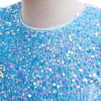 Sky Blue sequin girls party dress with tulle skirt and satin waistband, designed for birthdays and holidays, view 4