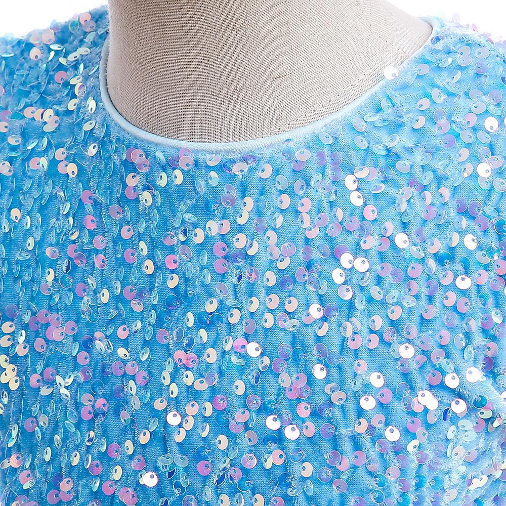Sky Blue sequin girls party dress with tulle skirt and satin waistband, designed for birthdays and holidays, view 4