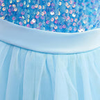 Sky Blue sequin girls party dress with tulle skirt and satin waistband, designed for birthdays and holidays, view 5