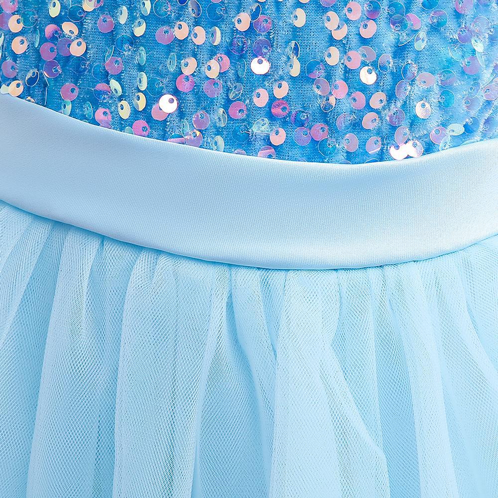 Sky Blue sequin girls party dress with tulle skirt and satin waistband, designed for birthdays and holidays, view 5