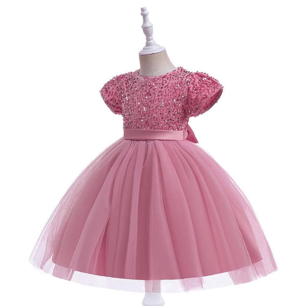 Dusty Pink sequin girls party dress with tulle skirt and satin waistband, designed for birthdays and holidays.