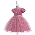 Dusty Pink sequin girls party dress with tulle skirt and satin waistband, designed for birthdays and holidays.