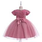 Dusty Pink sequin girls party dress with tulle skirt and satin waistband, designed for birthdays and holidays, view 2