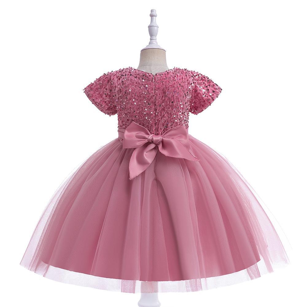 Dusty Pink sequin girls party dress with tulle skirt and satin waistband, designed for birthdays and holidays, view 2