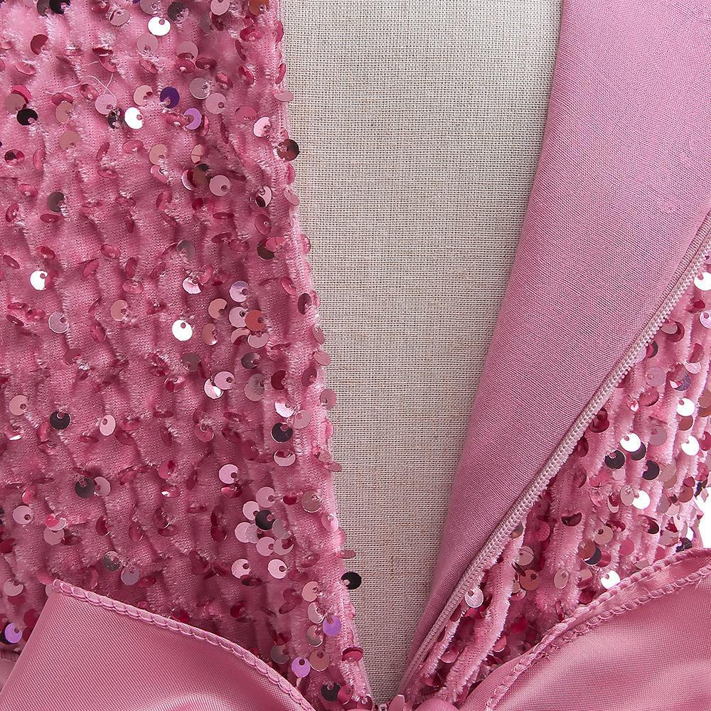 Dusty Pink sequin girls party dress with tulle skirt and satin waistband, designed for birthdays and holidays, view 3