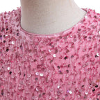Dusty Pink sequin girls party dress with tulle skirt and satin waistband, designed for birthdays and holidays, view 4