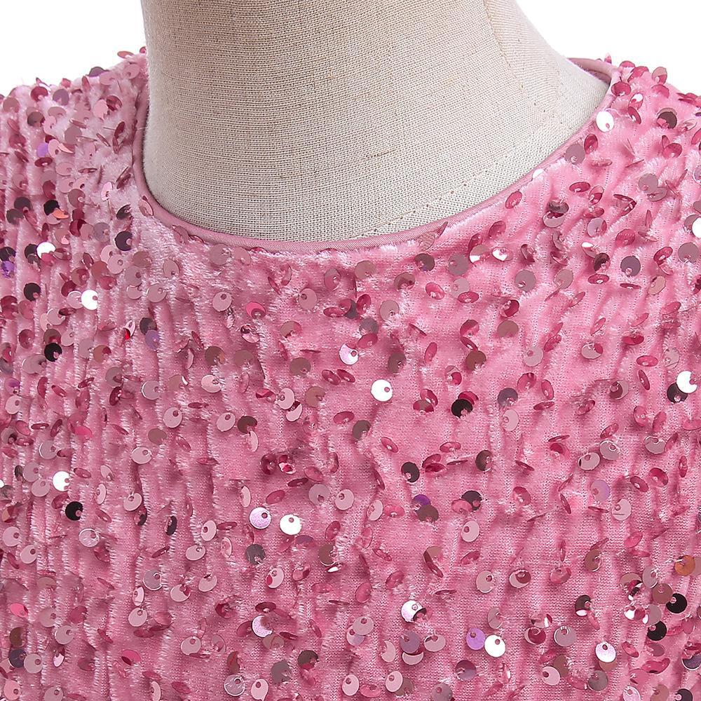 Dusty Pink sequin girls party dress with tulle skirt and satin waistband, designed for birthdays and holidays, view 4