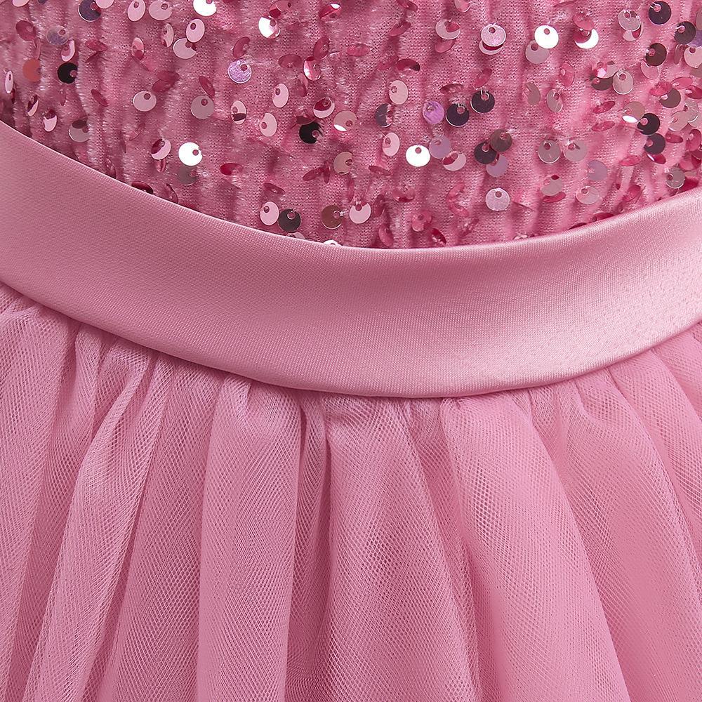 Dusty Pink sequin girls party dress with tulle skirt and satin waistband, designed for birthdays and holidays, view 5