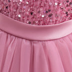 Dusty Pink sequin girls party dress with tulle skirt and satin waistband, designed for birthdays and holidays, view 5