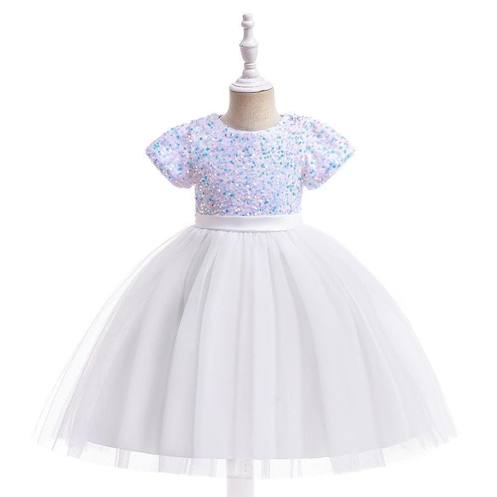 White sequin girls party dress with tulle skirt and satin waistband, designed for birthdays and holidays.