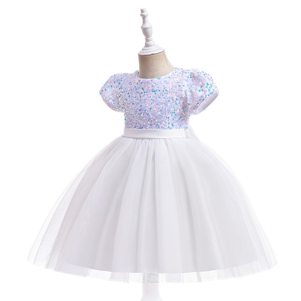 White sequin girls party dress with tulle skirt and satin waistband, designed for birthdays and holidays, view 2