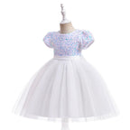 White sequin girls party dress with tulle skirt and satin waistband, designed for birthdays and holidays, view 2
