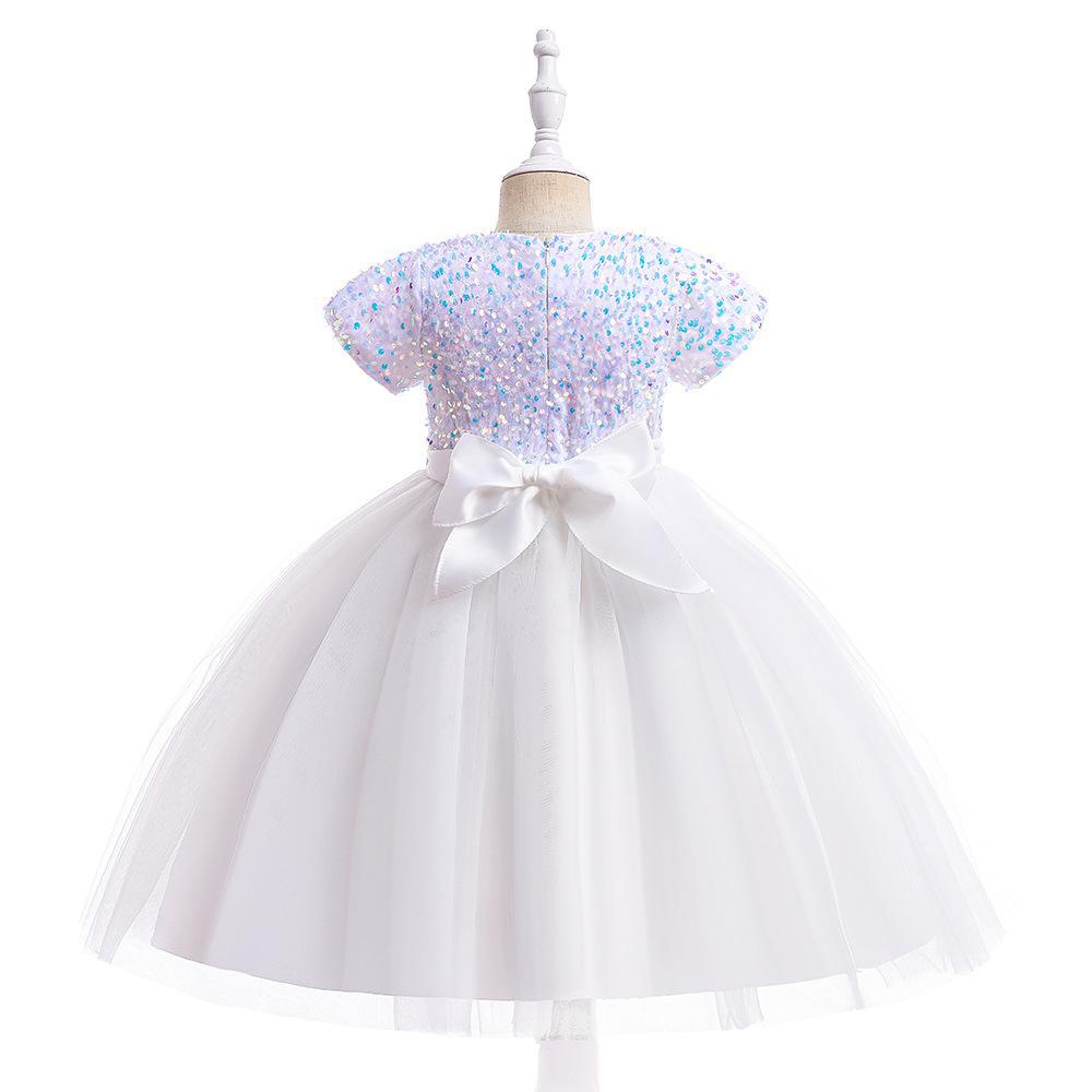 White sequin girls party dress with tulle skirt and satin waistband, designed for birthdays and holidays, view 3