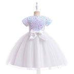 White sequin girls party dress with tulle skirt and satin waistband, designed for birthdays and holidays, view 3