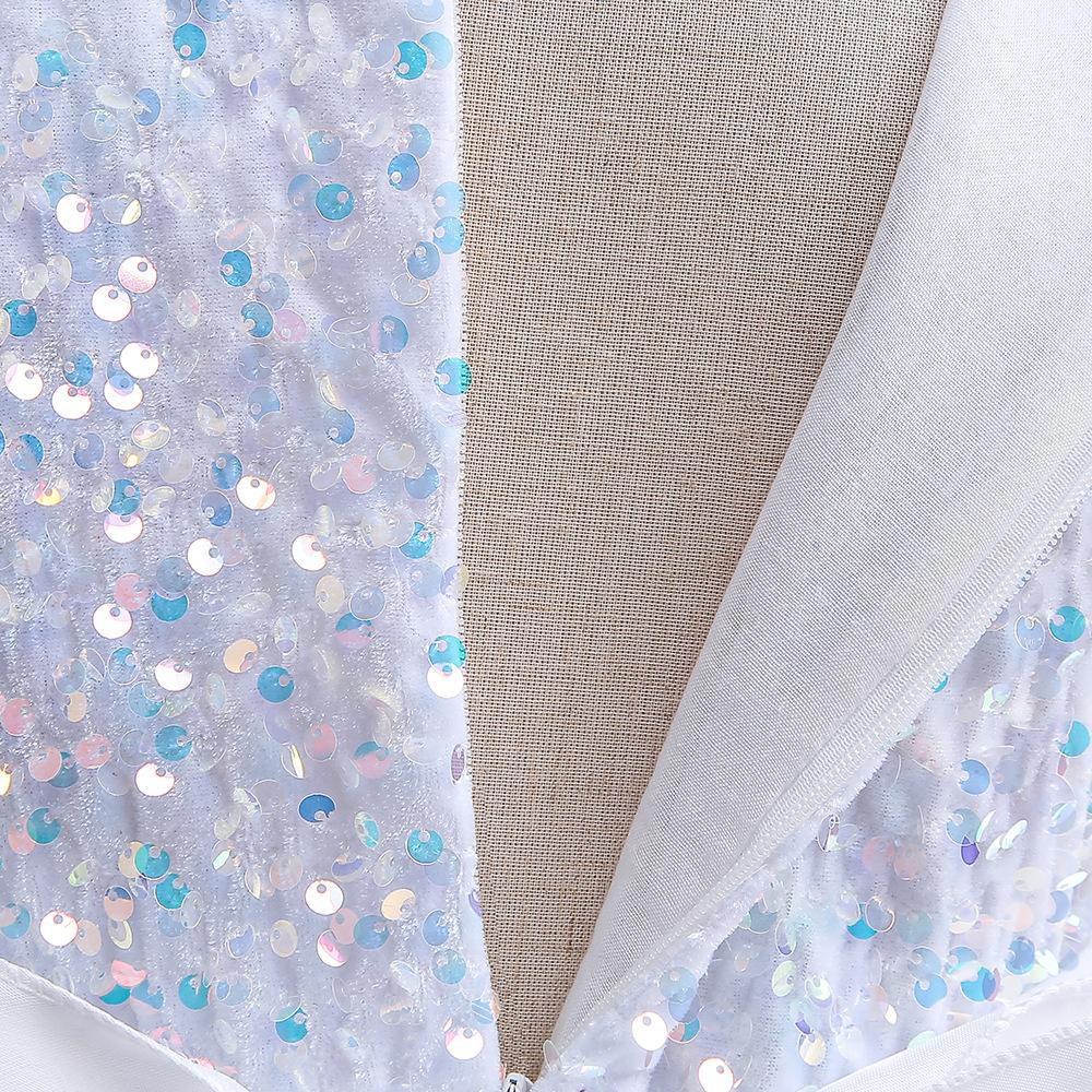 White sequin girls party dress with tulle skirt and satin waistband, designed for birthdays and holidays, view 4