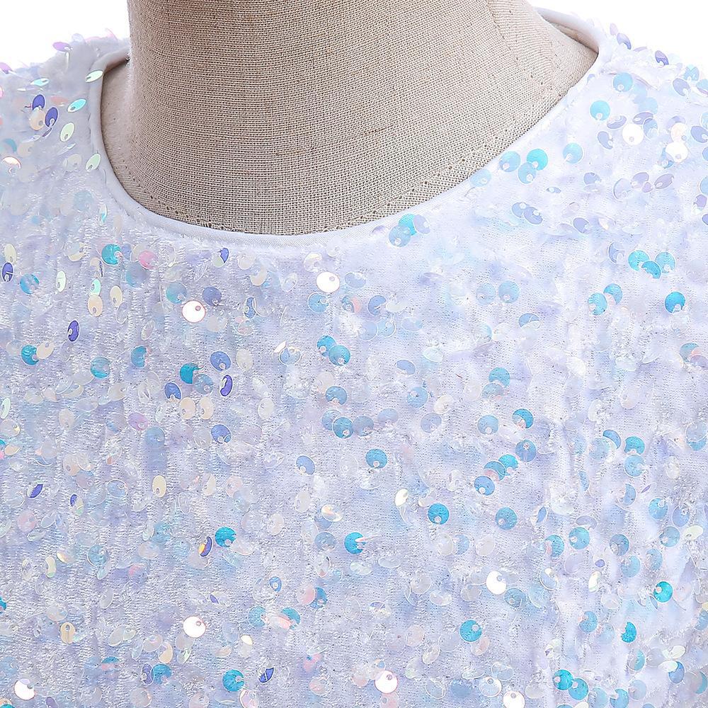 White sequin girls party dress with tulle skirt and satin waistband, designed for birthdays and holidays, view 5