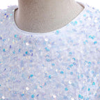 White sequin girls party dress with tulle skirt and satin waistband, designed for birthdays and holidays, view 5